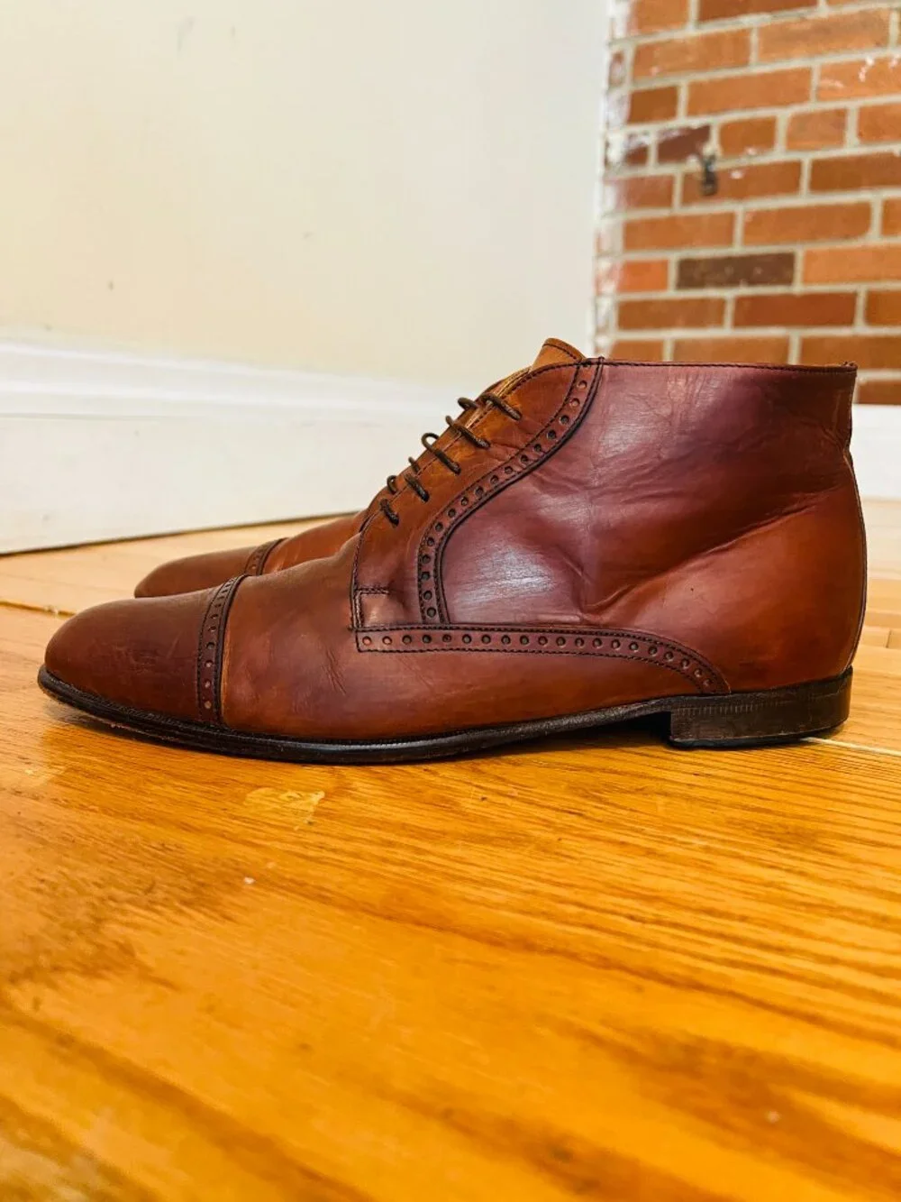 VTG Bostonian Oxford Ankle Boots Mens 9.5 Brown Leather Lace Up Chukka Italy